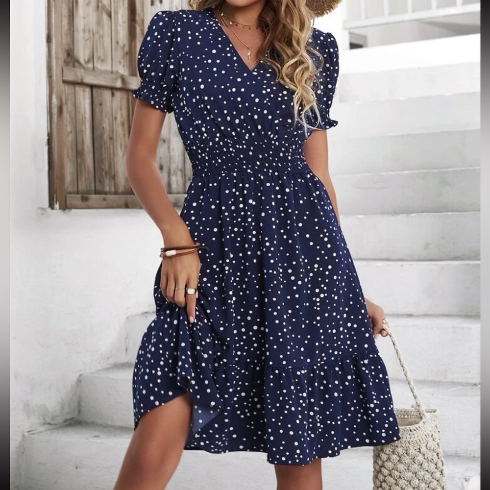 Boho polka dots puff sleeve A line dress